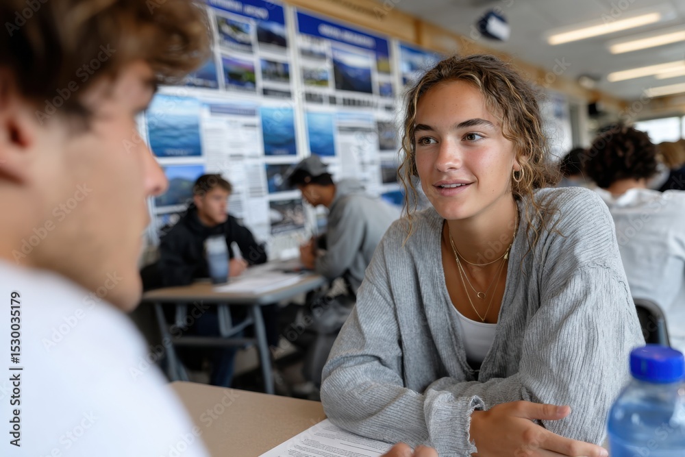Fototapeta premium A young woman engages in a lively discussion with a male peer in a classroom filled with educational materials, showcasing collaboration and focus on learning.