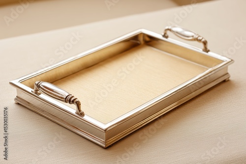 luxurious rectangular serving tray with ornate metal handles on textured beige surface