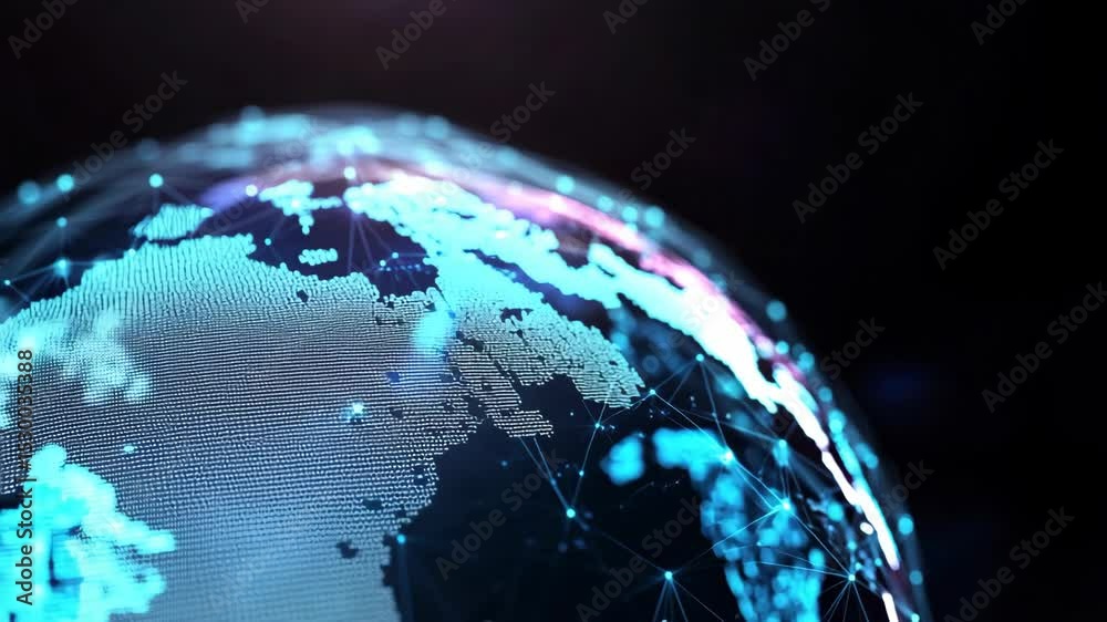 Futuristic video concept of a digital globe with glowing network connections. Low-angle view highlights global connectivity in a tech style. Live desktop wallpaper.