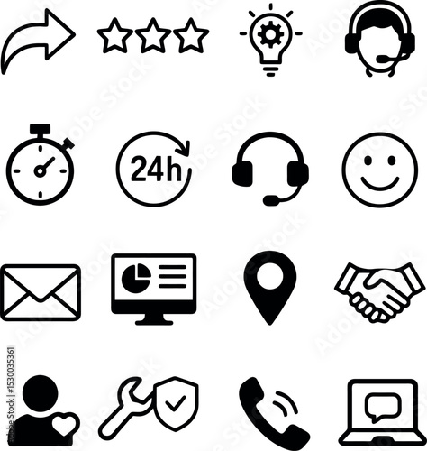 Black and white customer support icons with headset, 24h clock, mail, and smiley face in minimalist style.