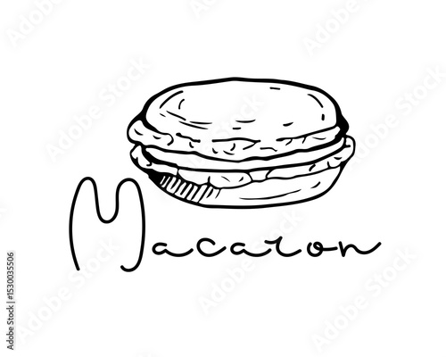 Macaron sketch with Macaron lettering isolated on white background. Text with hand drawn element. Typography poster for cafe, menu, wall art. Hand written brush calligraphy quote. Sweet dessert.