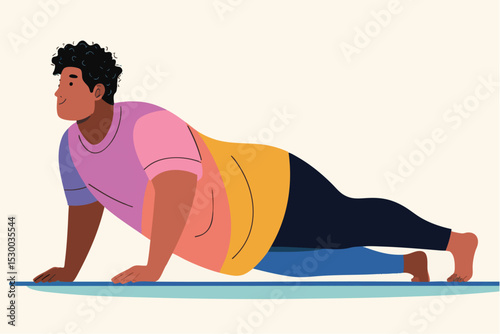 cartoon illustration of diverse plus size person doing plank workout for health