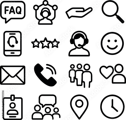 Customer service vector icons with phone, rating, headset, support group, and love icons.