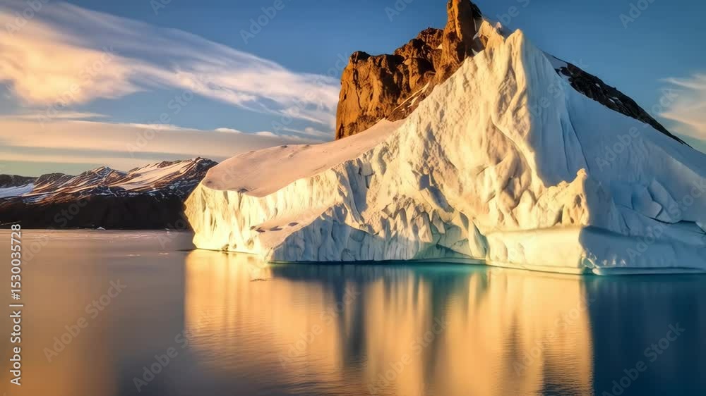 Dramatic iceberg floats in calm arctic waters near rocky mountains under a partially cloudy sky at golden hour light