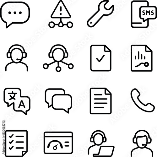 Clean vector set of communication and support icons with headset agents, documents, messages, and technical elements for corporate assistance visuals.