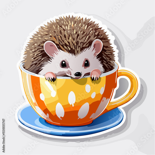 Charming hedgehog resting in a teacup, styled for cozy and cute sticker designs.