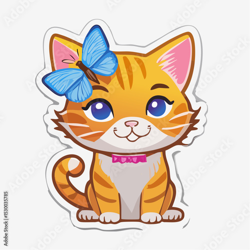 Cute kitten with a butterfly on its head, designed as a playful cartoon sticker with bold colors.
