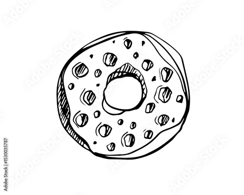 Donut icing sketch isolated on white background. Dessert sweet donut with topping and chocolate chips icon logo, Freehand drawn Tasty food element lineart style for cafe, menu, cookbook. Sweet dessert