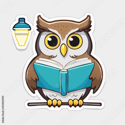Cartoon owl reading a little book beneath a lamp, perfect for whimsical sticker lovers.