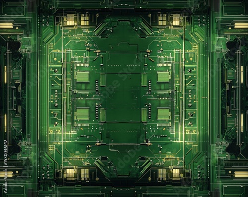 A vibrant, abstract view of a green circuit board with glowing lines and intricate patterns, suggesting advanced computing and digital processes.