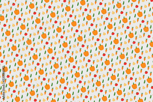 Seamless vegetable pattern with cucumber, bell pepper, carrot, garlic, and tomato on a light background. Perfect for food packaging, cooking layouts and kitchen textiles.