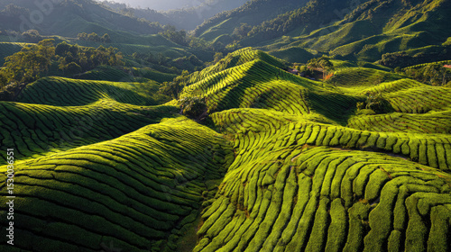 Lush green tea plantations cascading down rolling hills under soft morning light
