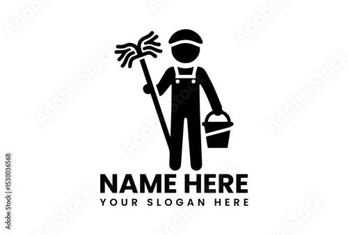 Approachable black vector logo of smiling cleaning professional with broom and bucket representing maintenance service