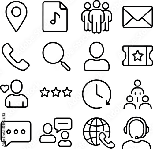 Outlined icons for support roles, communication, user management, search, ticketing and satisfaction feedback. Best for backend systems.