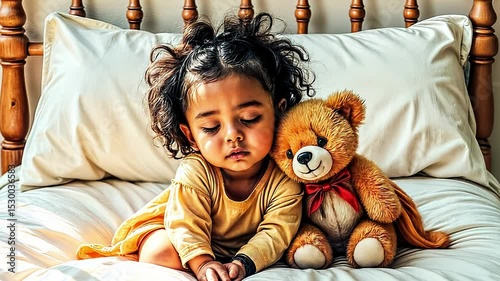 Adorable sleepy little girl hugging her favorite teddy bear, sleep, relaxation, friendship and happiness