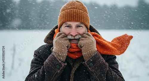 Warmly Dressed Man with Beard and Hat Enjoying Falling Snow in a Winter Landscape – Capturing the Joy and Serenity of the Cold Season.
 photo