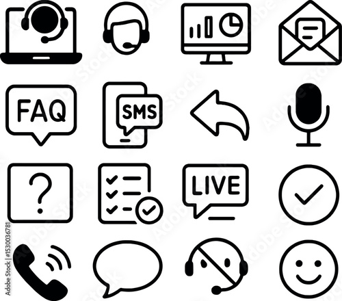 Clean icon pack including FAQs, SMS, voice, dashboards, emails and satisfaction symbols. Designed for simplified customer interaction visuals.