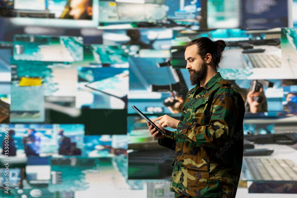 Fototapeta premium Armed forces soldier gathers surveillance from digital drone systems, preparing for combat with warfare strategies and battlefield details. War planning operations in command center.
