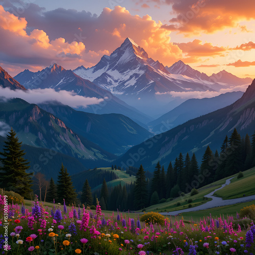 Atemberaubend schöne, farbenfrohe Berglandschaft bei Sonnenaufgang – majestätische Natur in 16K Ultra HD, dramatische Wolken, leuchtende Farben und beeindruckende Gipfel photo