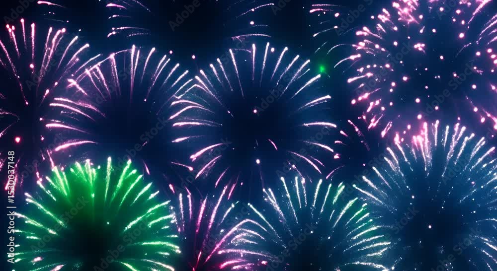 Colorful fireworks explosion on green screen background Holiday celebration Merry Christmas and Happy New Year Festive background for 4th of July summer festival Effect ready to chroma key 4K