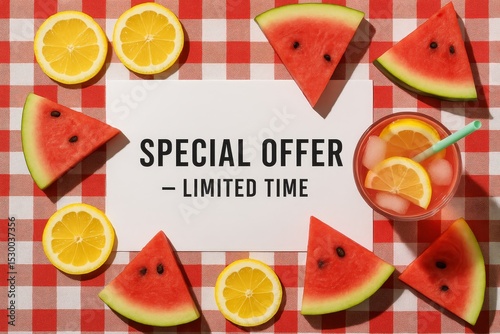 Top view of sliced fruits and lemonade with a special offer sign on picnic table, perfect for seasonal food or sale promo.








