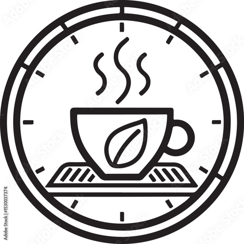 A stylized clock design featuring a steaming tea cup inside a circular frame vector illustration