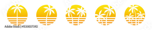 Sunset palm icon set. Retro sunset with palms. Isolated sun and palms vintage illustration. EPS 10