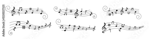 Musical notes flow. Music notes. Melody waves. Music illustration. Musical notes set.