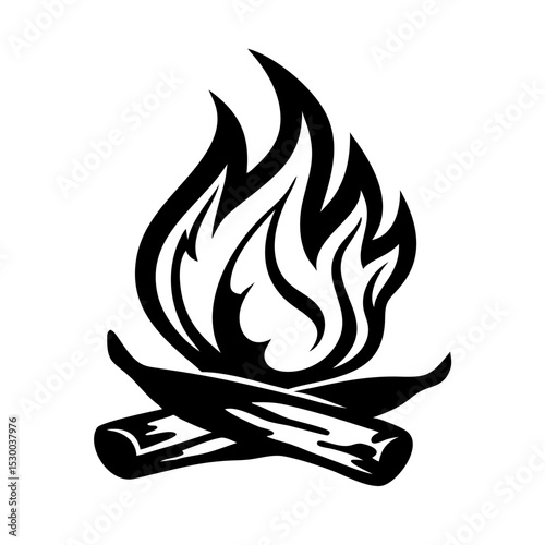 Vintage Flame Icon in Black and White Line Art with Flickering Edges and Curling Woodcut Details