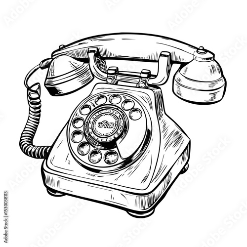 Black and White Classic Drawing of an Old Rotary Dial Phone