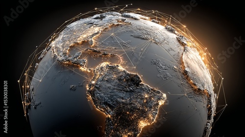 Illuminated earth globe with network connections showing north and south america and dark background