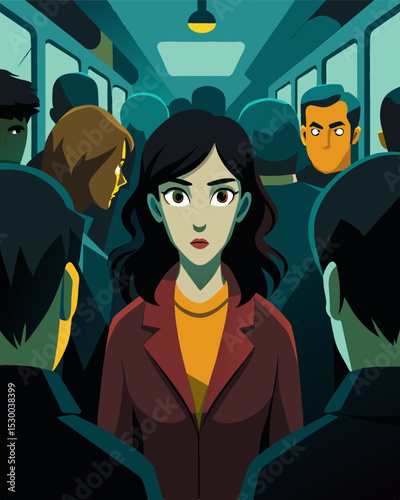 In the crowded subway she could feel the accusing stares of the strangers around her their eyes burning into her as if they could sense her every thought.. Vector illustration