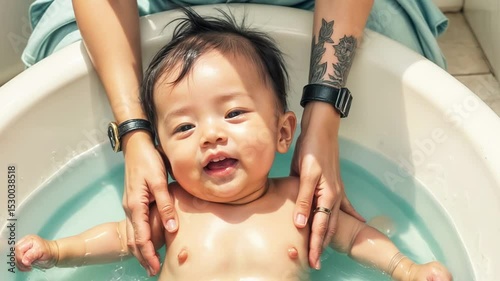 Mom bathes her baby in the bathtub. Hands of caring mother support beautiful funny baby in water. Child care and hygiene concept. Children and love