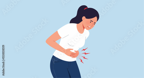 Woman experiencing stomach pain while standing against light blue background  