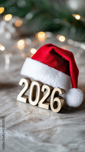 Wooden numbers 2026 wearing a Santa hat on festive background  