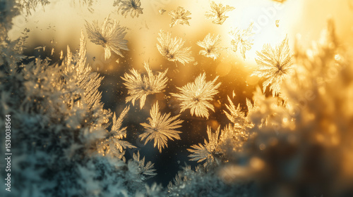 Frosted leaves glistening in sunlight during a winter afternoon  