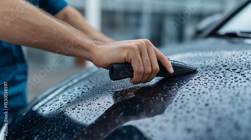 Man scraping raindrops off black car hood in urban environment  