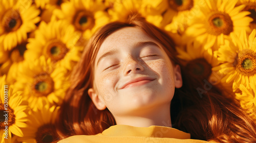 Young girl smiling while lying in a field of sunflowers 