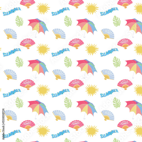 Seamless pattern on a summer theme with a bright umbrella, fan, sun and the inscription summer.eps