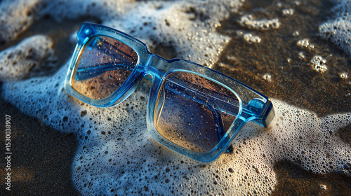 Blue sunglasses resting on wet sand by the ocean waves  