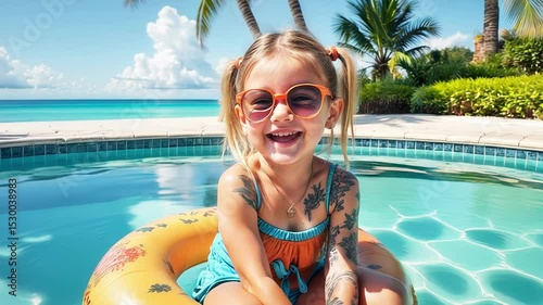 Adorable cool little girl with glasses swimming in the pool, very happy and laughing cheerfully