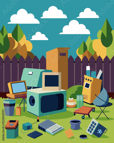 A backyard filled with old and broken electronic devices discarded furniture and other household items that have been rep.. Vector illustration