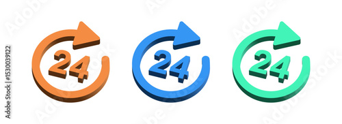 Vibrant 3D 24-hour service icons with an arrow loop featuring "24" with a circular arrow in orange, blue, and green, symbolizing 24/7 service and continuous support and availability around the clock