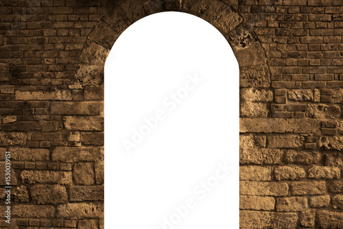 front view of ancient historical gate door frame window with architectural stone arcade archway and surrounding wall under bridge as background. white mockup mock up mock-up  template blank empty