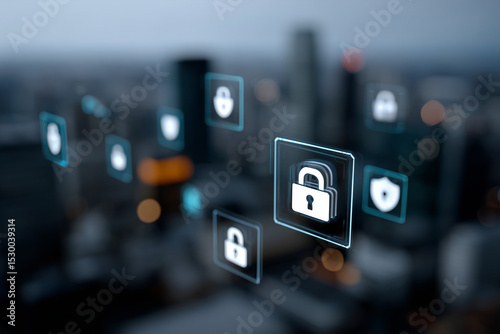 Digital lock icons floating over cityscape background. 