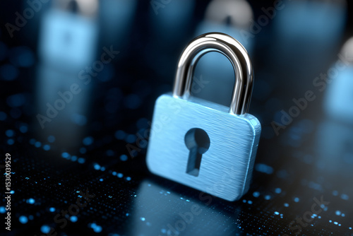 Closeup of padlock on digital background surface. 
