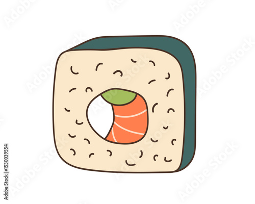 Salmon Roll with avocado, cream cheese, rice, nori served sketch. Hand drawn lineart vector illustration. Maki Roll Sign for Label, Poster, logo, menu design. Traditional fresh japanese sushi rolls.
