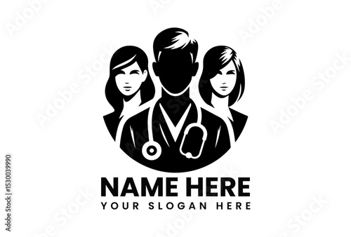 Modern black vector logo featuring diverse medical professionals including male physician with stethoscope and female coworkers