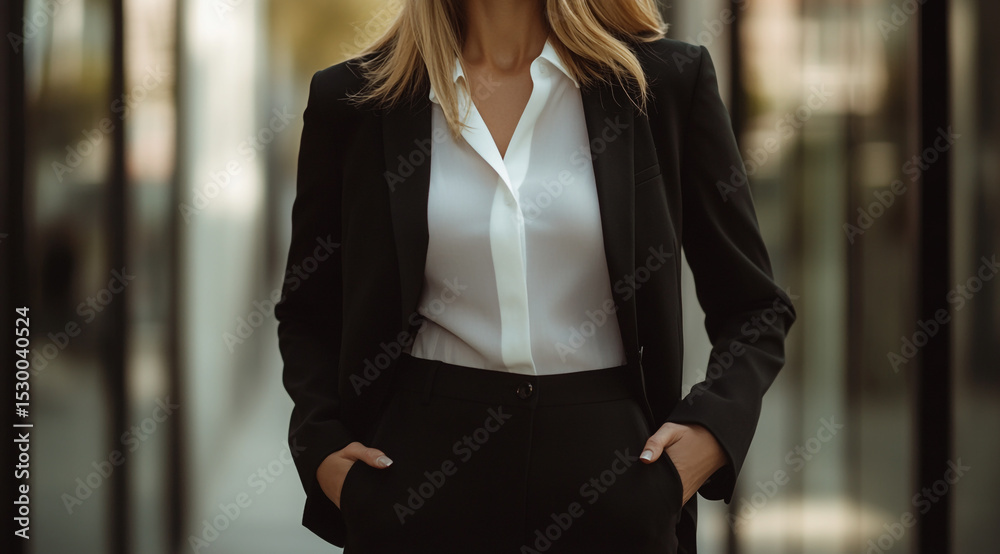 Fototapeta premium Close-up of a stylish businesswoman in a black blazer and white shirt, exuding confidence and professionalism.