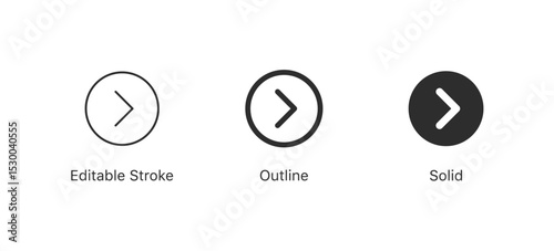 forward skip icon right arrow symbol within circle in editable stroke, outline, and solid styles, perfect for media player controls and navigation, next, and fast forward functions